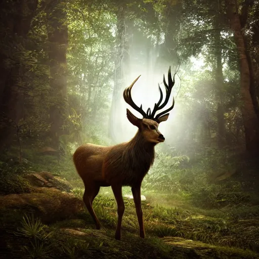 Image similar to photography of an hyper realistic elven, celestial highly detailed stag, in a magical highly detailed forest background. sunlight rays throught the trees. concept art 8 k rendering.