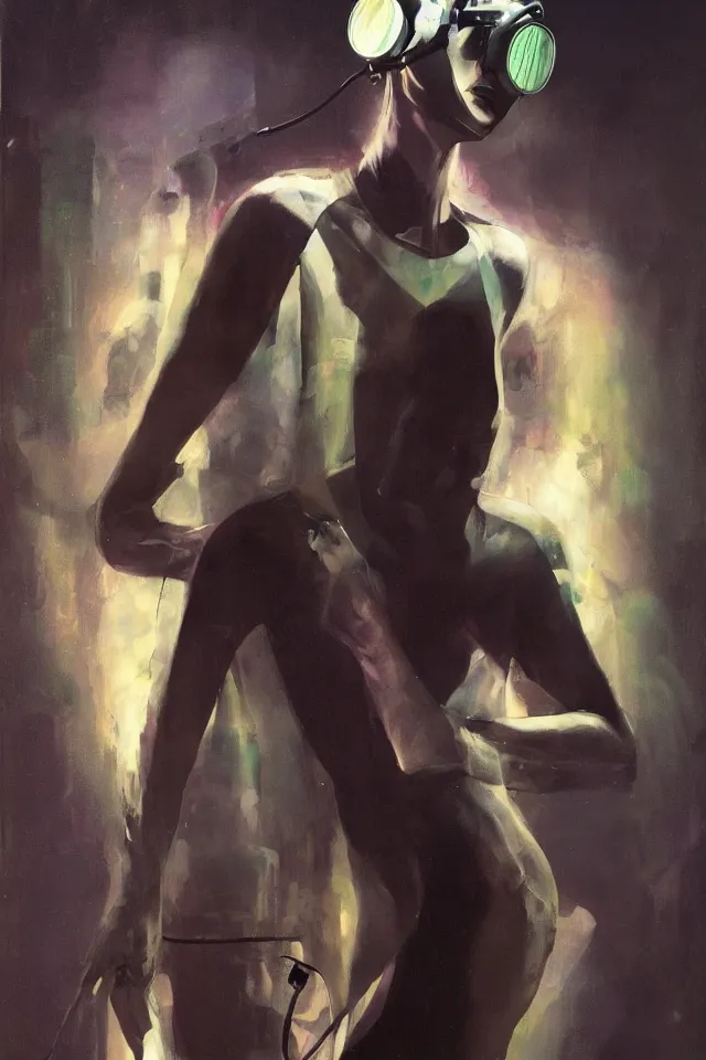 Image similar to androgynous person, shaman tunic made of latex, radio goggles, techwear, iridiscent light, high key, cinematic lighting at night, neon, phil hale, boris vallejo, syd mead