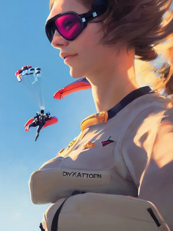 Image similar to an ultradetailed beautiful portrait painting of a girl as an skydiver, side view, oil painting, high resolution, by ilya kuvshinov, greg rutkowski and makoto shinkai