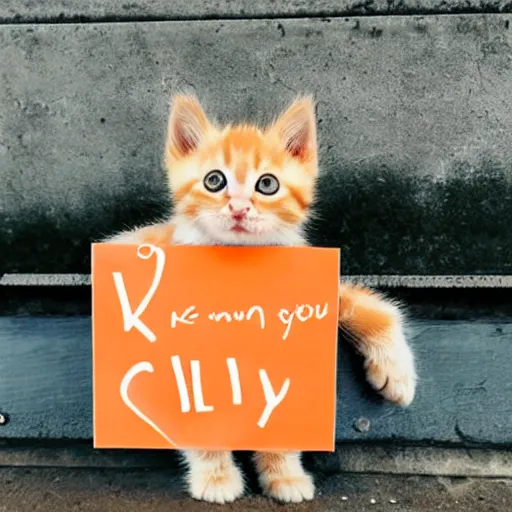 Image similar to cute fluffy orange tabby kitten with a sign that says