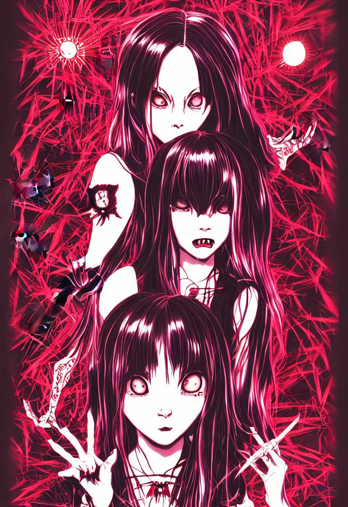 Image similar to a comic book style japanese horror poster of vampire girl with large eyes by dan mumford, yusuke murata and junji ito, blood lines, yokai, shinigami, eyes, shurikens, kanji, synthwave, 8k, unreal engine, trending on artstation, pixiv, intricate details, volumetric lighting