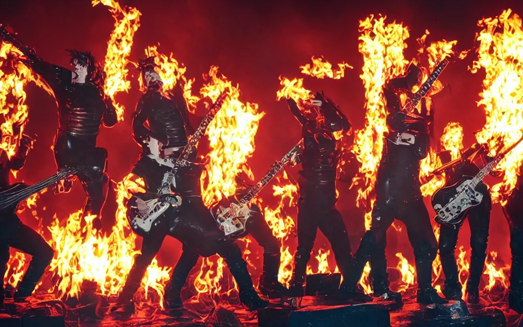 Image similar to Rammstein as blow up dolls playing on inflatable instruments, fire, balloon, inflatable guitar, pyrotechnics