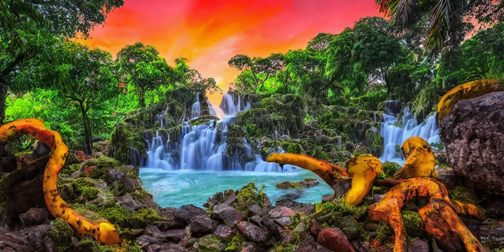 Image similar to ancient forest stone temple with a waterfall and colorful tropic mango trees, banana trees, orange trees, papaya trees, sunset, high definition, high detail, photorealisitc, 8k,