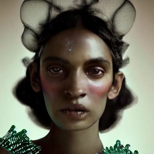 Image similar to a close - up shot of a brown woman wearing a luminous armor made of neon jelly fishes. soft lighting. fragile. haunting eyes!! coherent face!! no makeup!! muted colors. by ray caesar. by louise dahl - wolfe. by andrea kowch. surreal photography