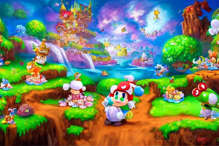 Prompt: painting acrylic wonderland yoshi kurbi dofus 3 d real