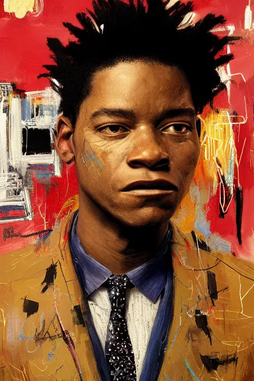 Image similar to portrait of jean basquiat, staring directly into camera, intricate, elegant, glowing lights, highly detailed, digital painting, artstation, sharp focus, illustration, art by wlop, mars ravelo and greg rutkowski