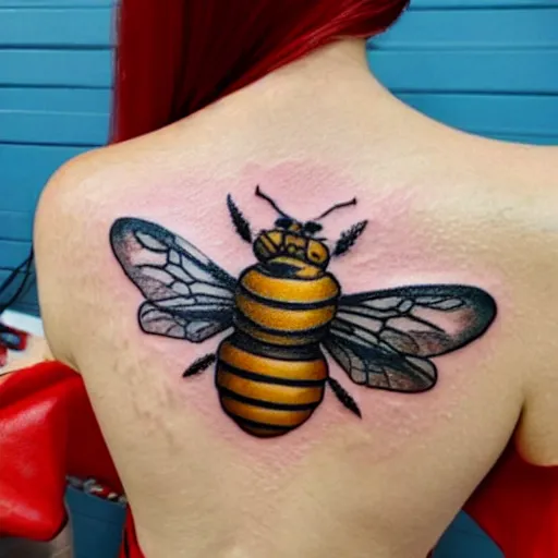 Image similar to a tattoo of bee movie by pixar on the clear back of a woman with crimson - red hair, tattooist is anonymous