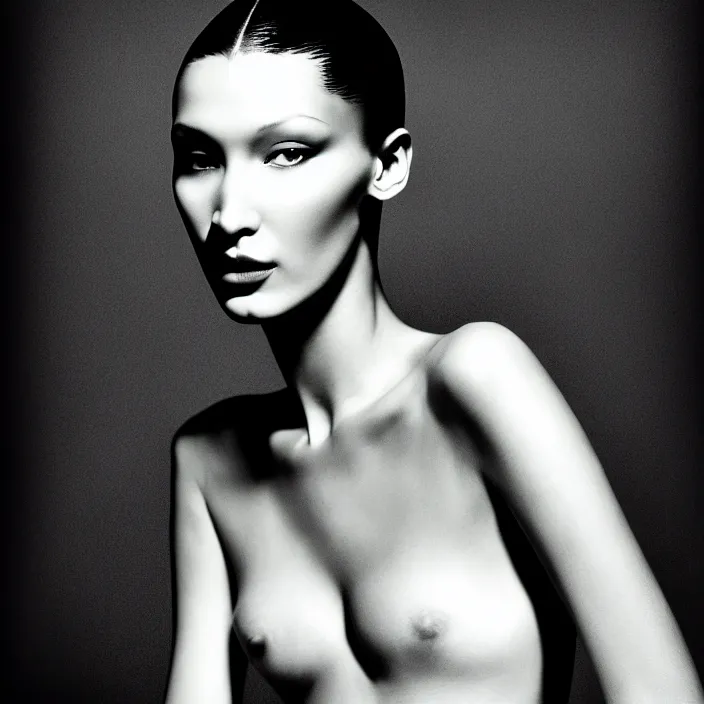 Image similar to photography face portrait of a beautiful woman like bella hadid, black and white photography portrait, skin grain detail, high fashion, studio lighting film noir style photography, by richard avedon, and paolo roversi, nick knight, hellmut newton, nobuyo araki, on a tropical wallpaper exotic patern background