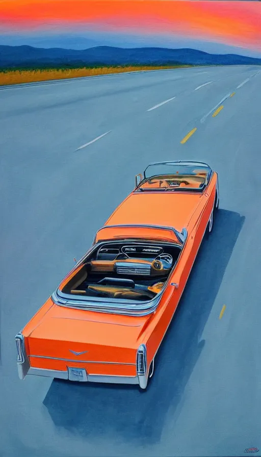 Image similar to far away, top down shot, 1 9 6 3 cadillac convertible driving down empty highway into a bright orange sunrise, water painting, high detail