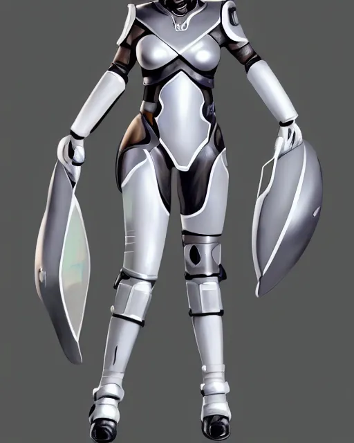 Prompt: concept art of a thicc female futurstic warrior, wearing a futuristic white helmet, futurstic black body smooth slim fitted armor, sleek design, aerodynamic design, holding a large futurstic robotic bow, full body image | | epic - fine - clean, polished, trending on artstation, brush strokes
