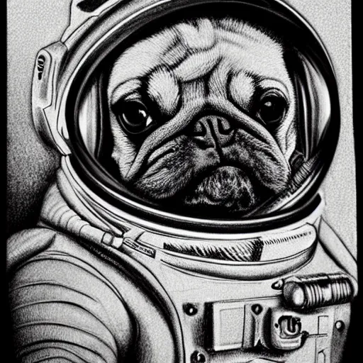 Image similar to pencil art, golden - ratio, spirals, highly detailed, astronaut pug in outer space by davinci.