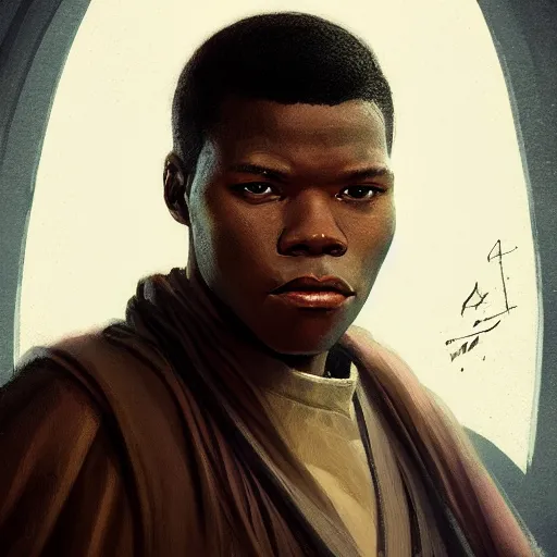 Image similar to portrait of a man by greg rutkowski, old jedi master, black, he looks like john boyega, star wars expanded universe, he is about 6 0 years old, wearing jedi robes, highly detailed portrait, digital painting, artstation, concept art, smooth, sharp foccus ilustration, artstation hq