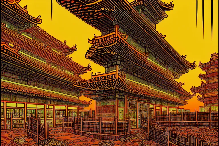 Image similar to artwork of a chinese prison by dan mumford and toshi yoshida and peter doig, symmetrical, vintage scifi, highly detailed, dramatic lightning,, 8 k