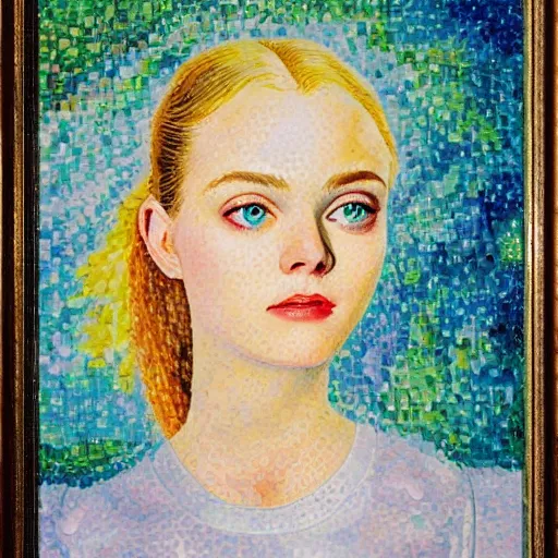 Prompt: professional painting of Elle Fanning in Halo 2 in the style of Henri-Edmond Cross, head and shoulders portrait, symmetrical facial features, smooth, sharp focus, illustration, intricate, stormy weather, extremely detailed masterpiece,