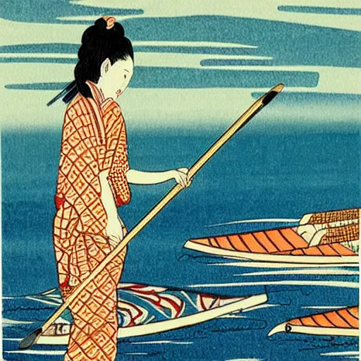 Image similar to girl stand up paddle board sup, woodblock print, style of hokusai, fine art, style of kanagawa, painting