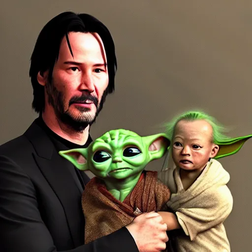 Prompt: keanu reeves holding baby yoda in his arms, matrix, detailed, hyper realistic, 4 k octan render, unreal 5