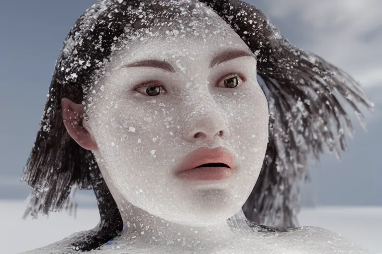 Prompt: a beautiful woman made out of snow and ice sitting by a campfire and slowly melting, by iris van herpen, unreal engine 5