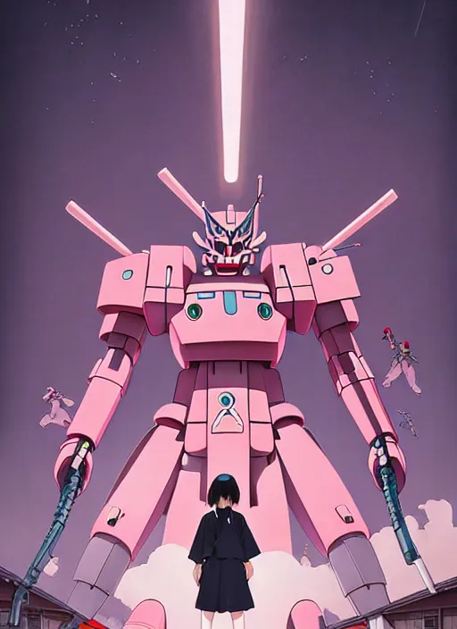 Image similar to Artwork by James Jean, Phil noto and hiyao Miyazaki; a young Japanese future samurai police girl named Yoshimi battles an enormous looming evil natured carnivorous pink gundam robot on the streets of Tokyo; Japanese shops and neon signage; crowds of people running; Art work by studio ghibli, Phil noto and James Jean