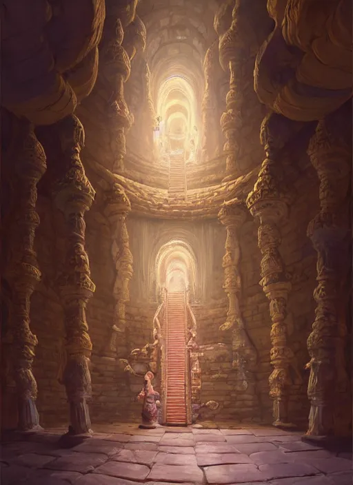 Image similar to a painting of an ancient underground dungeon temple, intricate, elegant, highly detailed, swirly magic ripples, pastel colors, digital matte painting, artstation, concept art, by greg manchess, huang guangjian, gil elvgren, sachin teng, greg rutkowski, jesper ejsing, ilya kuvshinov