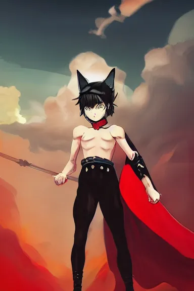 Prompt: little boy with cat ears in an black outfit with red cape. digital artwork made by lois van baarle and kentaro miura and marc simonetti and sakimichan, sharpness focus, inspired by hirohiko araki, anatomically correct, heroic composition, hero pose, smooth