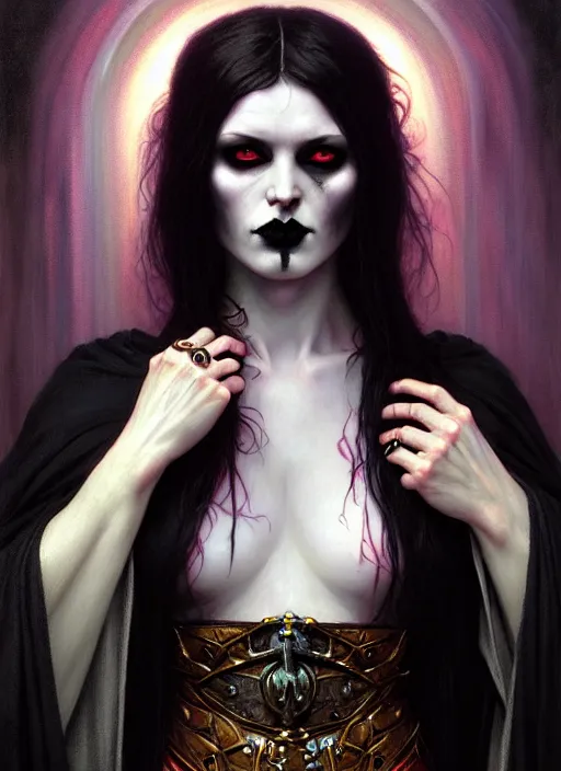 Prompt: female goth necromancer, robes, full body, hyper realistic, extremely detailed, dnd character art portrait, dark fantasy art, intricate fantasy painting, dramatic lighting, vivid colors, deviantart, artstation, by edgar maxence and caravaggio and michael whelan and delacroix.