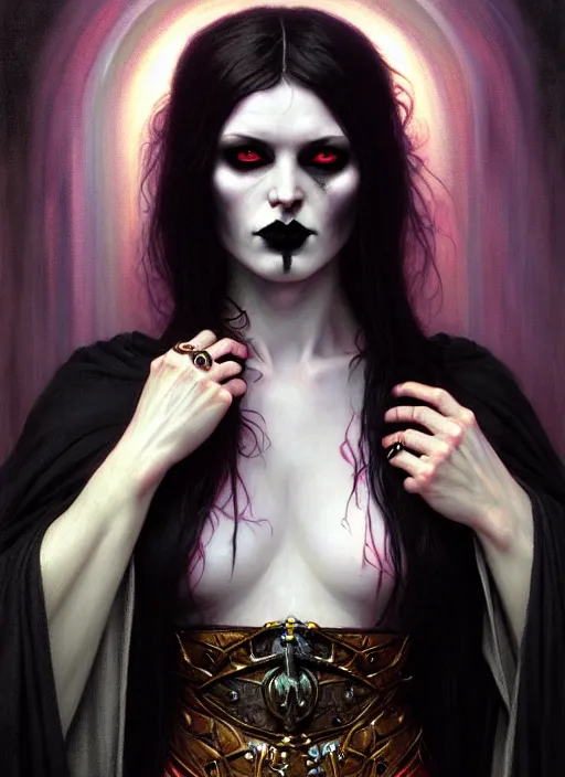 Image similar to female goth necromancer, robes, full body, hyper realistic, extremely detailed, dnd character art portrait, dark fantasy art, intricate fantasy painting, dramatic lighting, vivid colors, deviantart, artstation, by edgar maxence and caravaggio and michael whelan and delacroix.