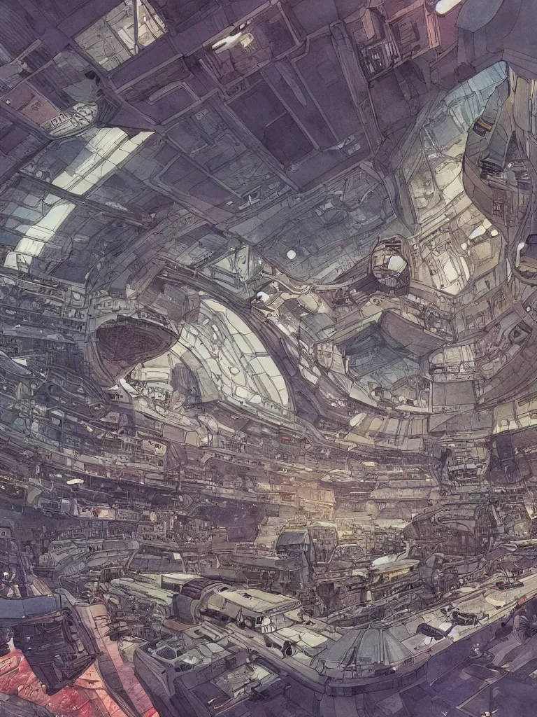 Image similar to interior of a busy spaceport, intricate watercolor and ink artwork by moebius. trending on artstation, very coherent symmetrical artwork. cinematic, hyper realism, high detail