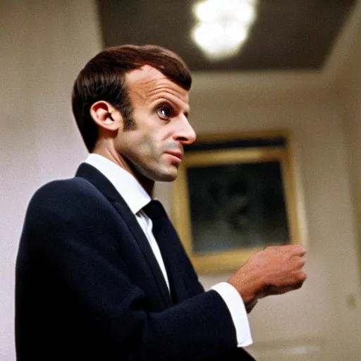 Prompt: Emmanuel Macron with monkey hair in American Psycho (1999)