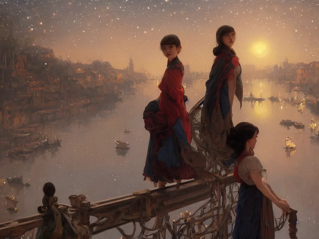 Image similar to a beautiful painting of a girl resembling millie bobby brown standing on a bridge, watching the view from the river of the lantern festival in a an ancient italian town, at night with a sky full of stars, intricate, elegant, highly detailed, digital painting, artstation, concept art, by krenz cushart and artem demura and alphonse mucha