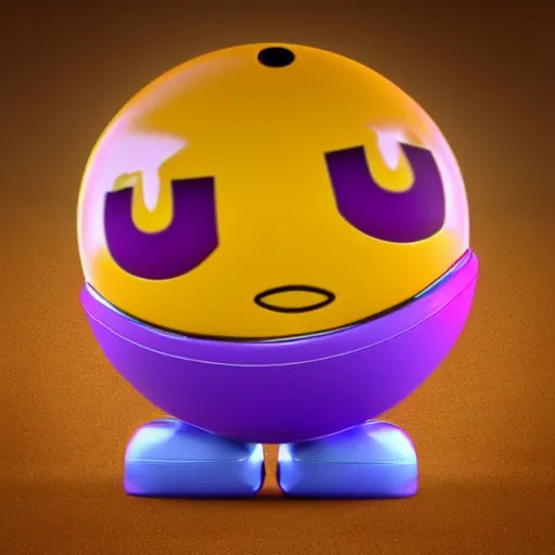 Image similar to high quality 3 d render made with blender of a small happy emoji piloting a colourful toy robot robot. the background is a purple gradient