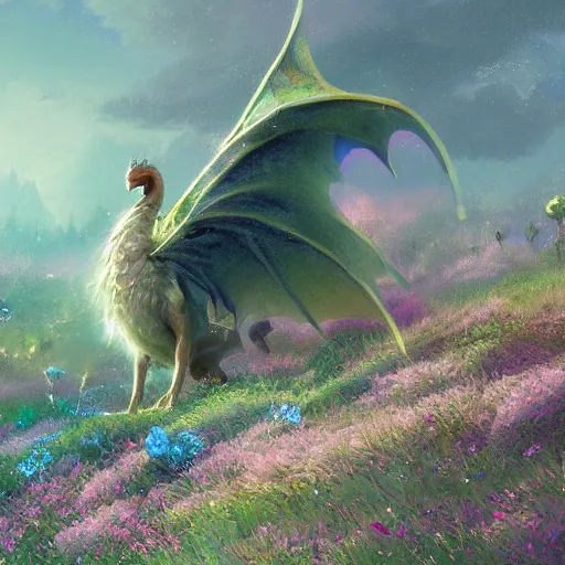 Image similar to beautiful digital fantasy illustration of a closeup adorable giant fluffy feathered sparkling pearlescent pastel dragon sitting alone in a flower meadow, concept art by greg rutkowski, anato finnstark, and rebecca guay, highly detailed, soft lighting, rendered in octane