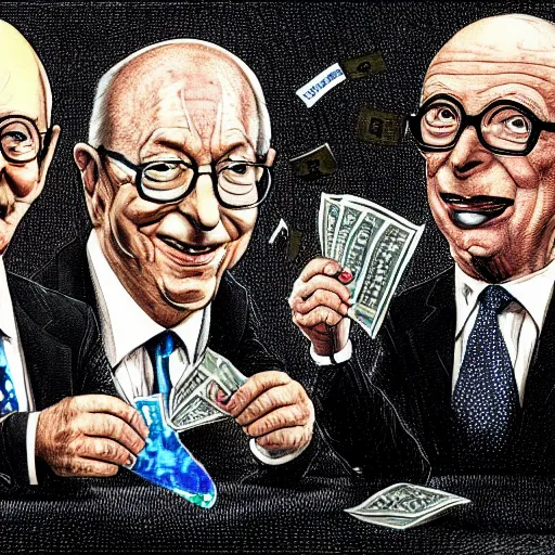 Image similar to Jacob Rothschild and george soros, bill gates and Klaus Schwab by Ralph Steadman, are counting stacks of money around a desk globe illustration, body horror, biopunk, 8k , trending on artstation