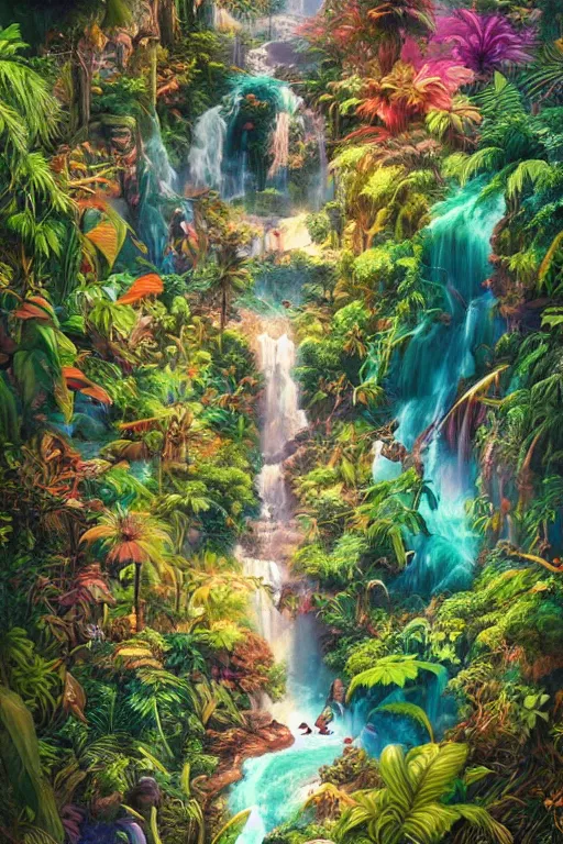 Image similar to aerial view of a colorful jungle with rivers and waterfalls, by artgerm, tom bagshaw, gerald brom, vaporwave colors, lo - fi colors, vaporwave, lo - fi, moody vibe, goth vibe, full body,