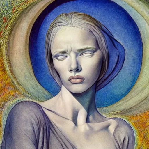 Prompt: most beautiful stabat mater, silk brethren, azure milieu of desert of reality, in the style of william blake, terese nielsen, detailed, intricate, beautiful faces, steve argyle, pastoral fantastic reality