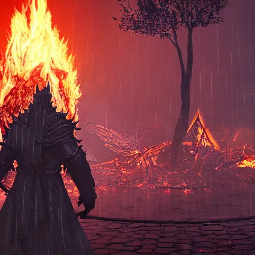 Image similar to soul of cinder boss from dark souls 3 standing in middle of a street, looking at a camp fire, evening time, heavy rain, rain water reflections in ground, digital illustration, crisp details, highly detailed art, 8k image quality, full body camera shot