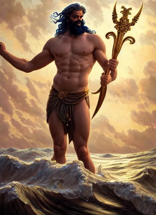 Image similar to Poseidon the God of Sea holding a golden trident, upper body, realistic photo, masculine, Greek God, D&D, fantasy, intricate, cinematic lighting, highly detailed, digital painting, artstation, concept art, smooth, sharp focus, illustration, art by Artgerm and Greg Rutkowski and Alphonse Mucha