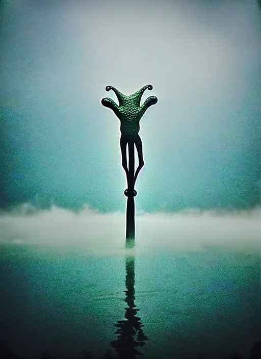 Prompt: “frog unicorn vertically hovering above misty lake waters in jesus christ pose, low angle, long cinematic shot by Andrei Tarkovsky, paranormal, eerie, mystical”