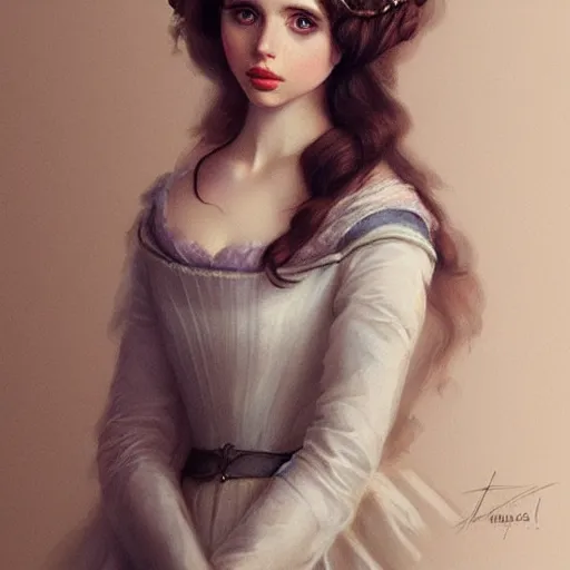 Prompt: beautiful & natural Felicity Jones as an Age of Enlightenment-era aristocrat by Artgerm and Greg Rutkowski, intricate, elegant, highly detailed, digital painting, artstation, concept art, smooth, sharp focus