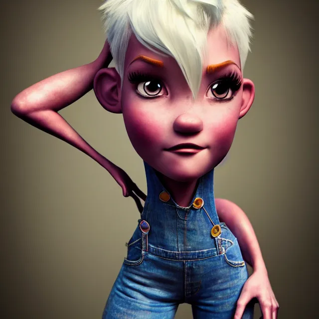 Image similar to full body pose, beautiful adult fairy, pixar, short white hair shaved sides, dirty, grungy, grunge, long sleeve, painted overalls, stacks of giant books, highly detailed, 4 k, hdr, smooth, sharp focus, high resolution, award - winning photo, artgerm, photorealistic