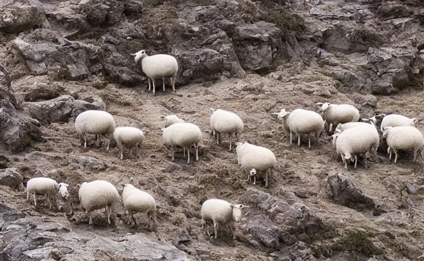 Image similar to “sheep, following other sheep, jumping off a cliff”