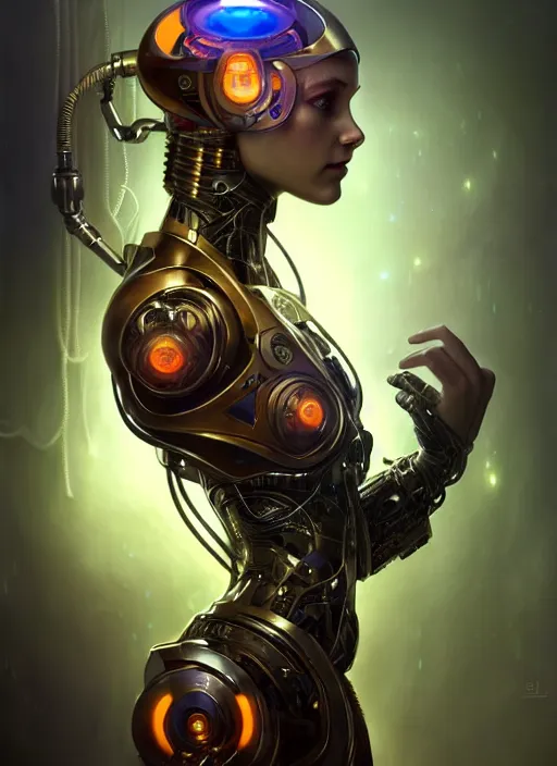 Image similar to cyborg recharging in a computer lab, diffuse lighting, fantasy, intricate, elegant, highly detailed, lifelike, photorealistic, digital painting, artstation, illustration, concept art, smooth, sharp focus, art by John Collier and Albert Aublet and James jean and Brian froud and ross tran and Artem Demura and Alphonse Mucha