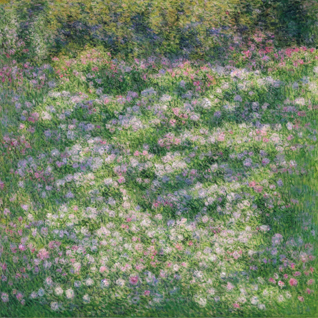 Image similar to a gorgeous garden on the edge of a cliff filled with beautiful flowers in different shades of pale green, monet