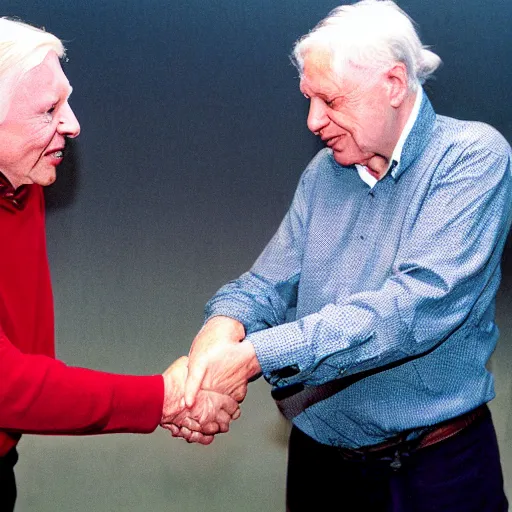 Image similar to Sir David Attenborough shaking hands with a Martian alien