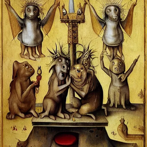 Prompt: anthropomorphic animals worshipping a monument to money, golden idol, by hieronymus bosch, ultra detailed, highly detailed, 8 k, trending on artstation, award - winning art,