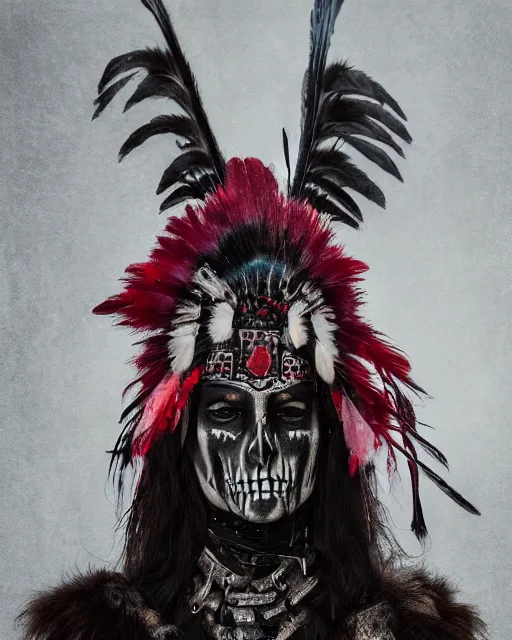 Image similar to the ghost - spirit of the grim - warpaint wears the scarlet skull armor and native blood headdress feathers, midnight fog - mist!, dark oil painting colors, realism, cinematic lighting, various refining methods, micro macro autofocus, ultra definition, award winning photo