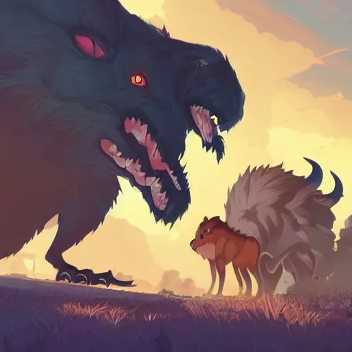 Image similar to giant monstrous aggressive furry creature lurking over a cowering smaller creature, in the foreground a small town, epic science fiction art, clean cel shaded vector art. shutterstock. behance hd by lois van baarle, artgerm, helen huang, by makoto shinkai and ilya kuvshinov, rossdraws, illustration