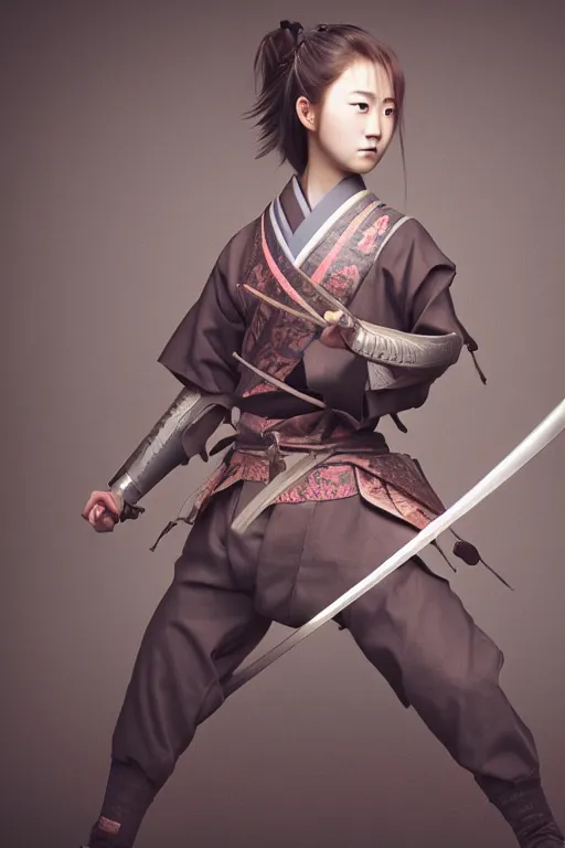 Prompt: highly detailed beautiful photo of a young female samurai, practising sword stances, symmetrical face, beautiful eyes, realistic anime art style, 8 k, award winning photo, pastels, action photography, 1 / 1 2 5 shutter speed, dramatic lighting