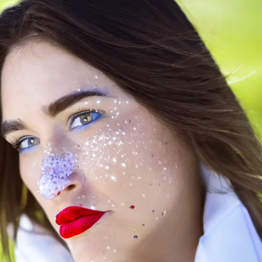 Prompt: close up portrait photograph of the left side of the face of a brunette woman with stars inside her eyes, red lipstick and freckles. she looks directly at the camera. Slightly open mouth, face covers half of the frame, with a park visible in the background. 135mm nikon. Intricate. Very detailed 8k. Sharp. Cinematic post-processing. Award winning portrait photography