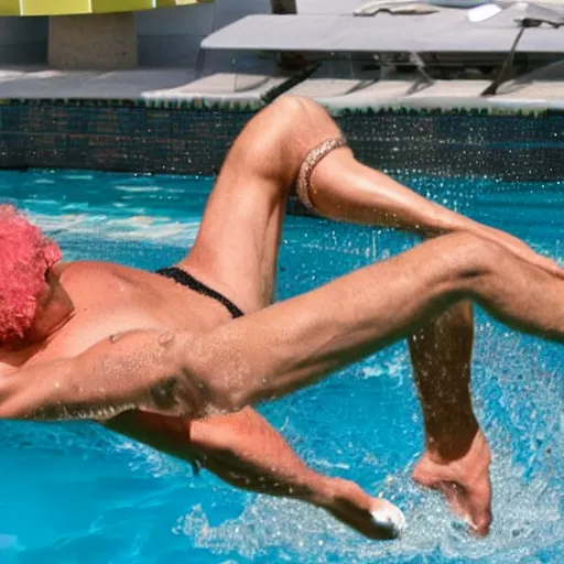 Image similar to andre the giant wearing a speedo and a sequin vest jumping in the pool from the movie my pool party, movie still, 8 k, realistic