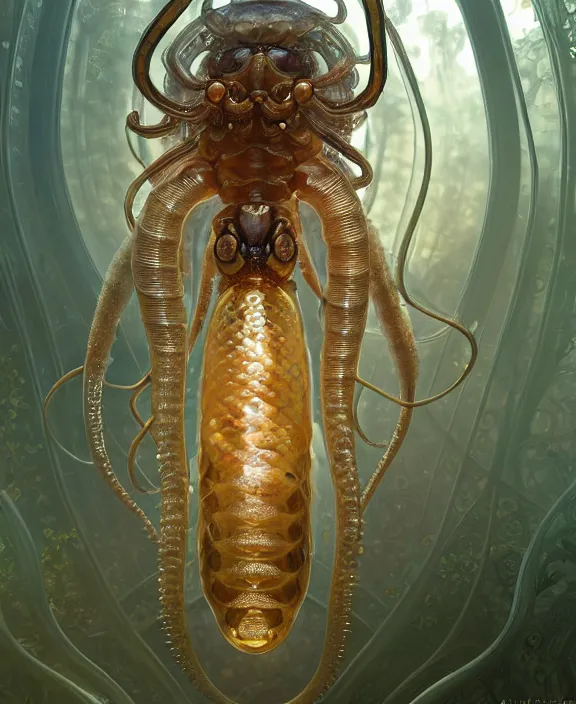 Image similar to intricate ornate opulent transparent clear see - through portrait of a horrific beautiful male human isopod nautilus snake, adorable, childlike, overgrown biopunk jungle environment, ultra realistic, concept art, art nouveau, photorealistic, octane render, 8 k, unreal engine. art by christopher marley and artgerm and greg rutkowski and alphonse mucha